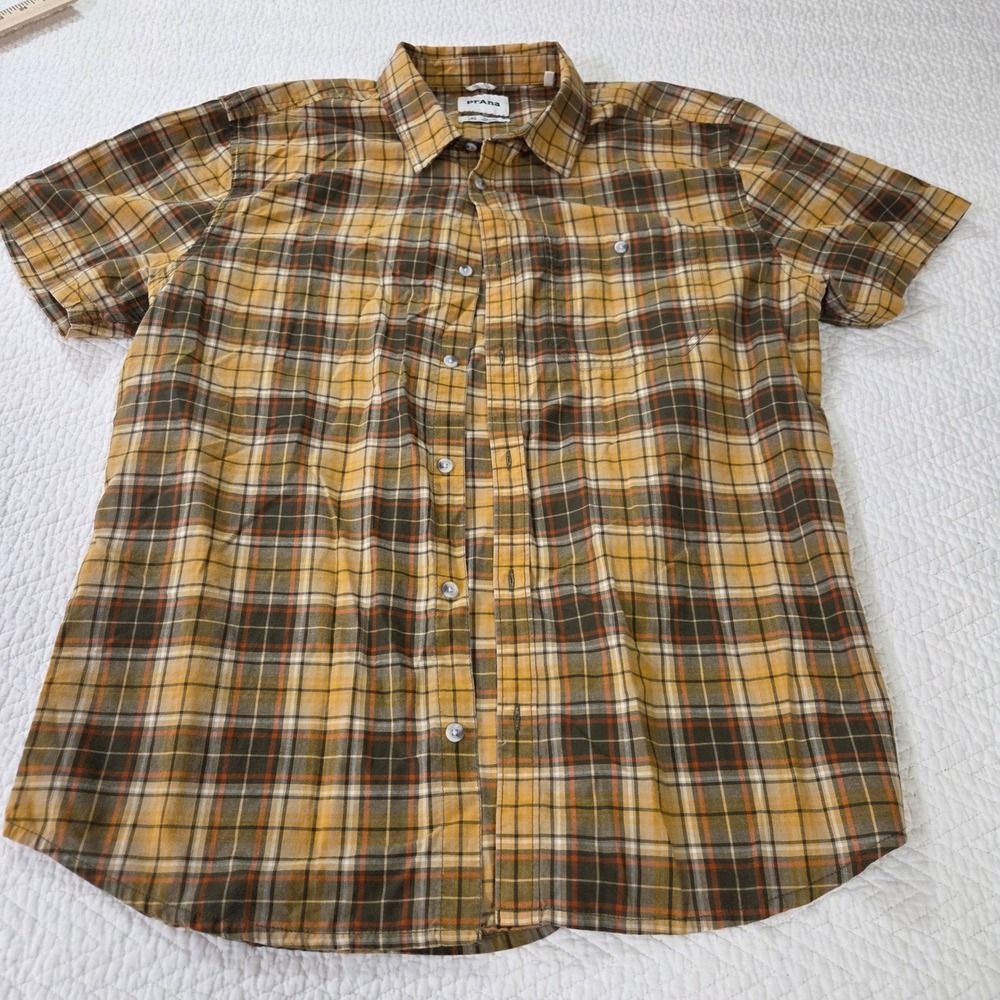 Prana Large Plaid Short Sleeve Button Up Shirt Mustard Yellow Organic Cotton